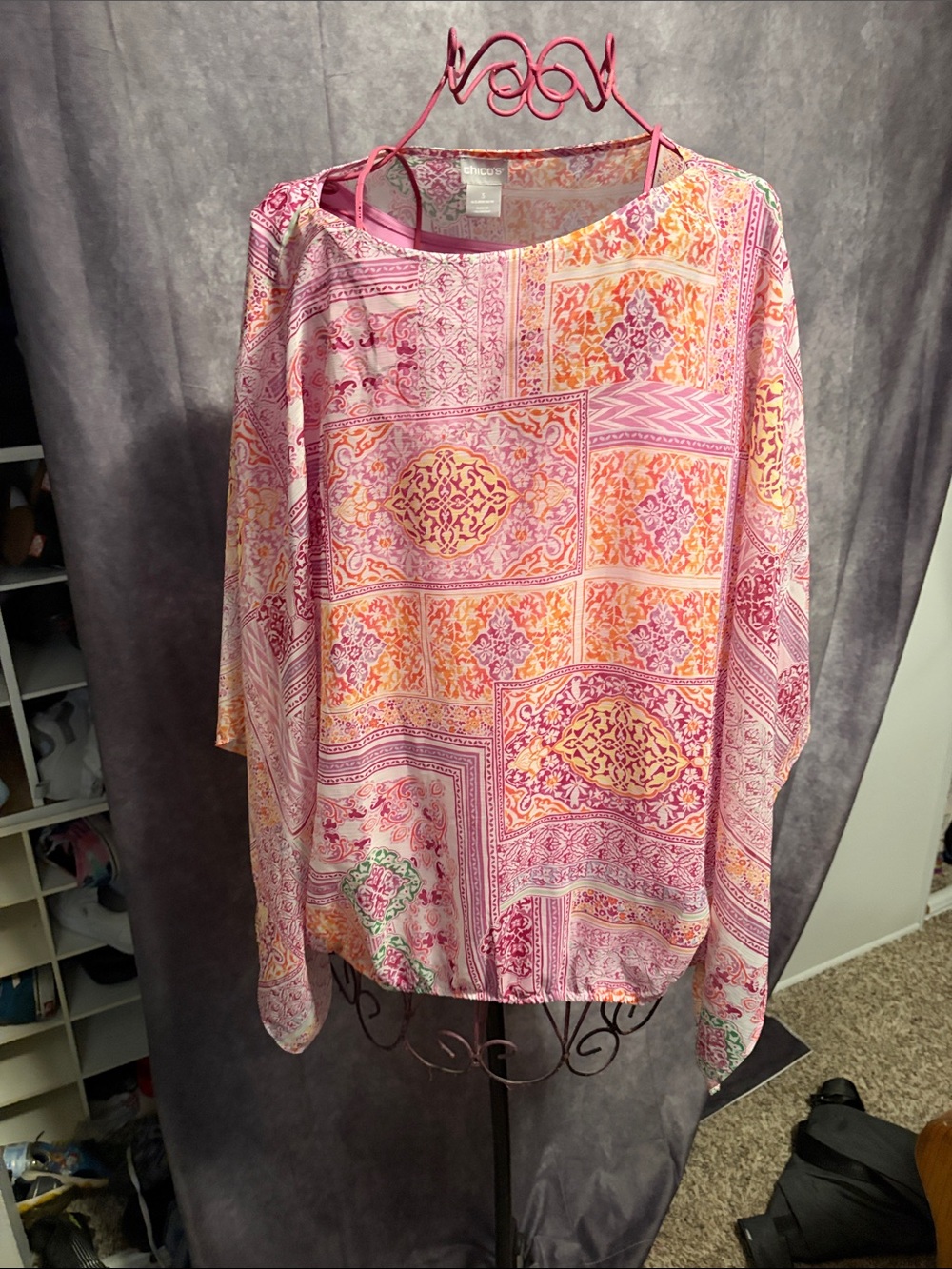 Chico's Pink, Orange & Yellow Patchwork-Print Tunic